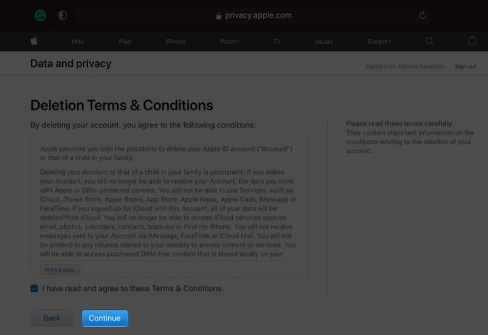 Agree to the conditions to delete Apple ID account