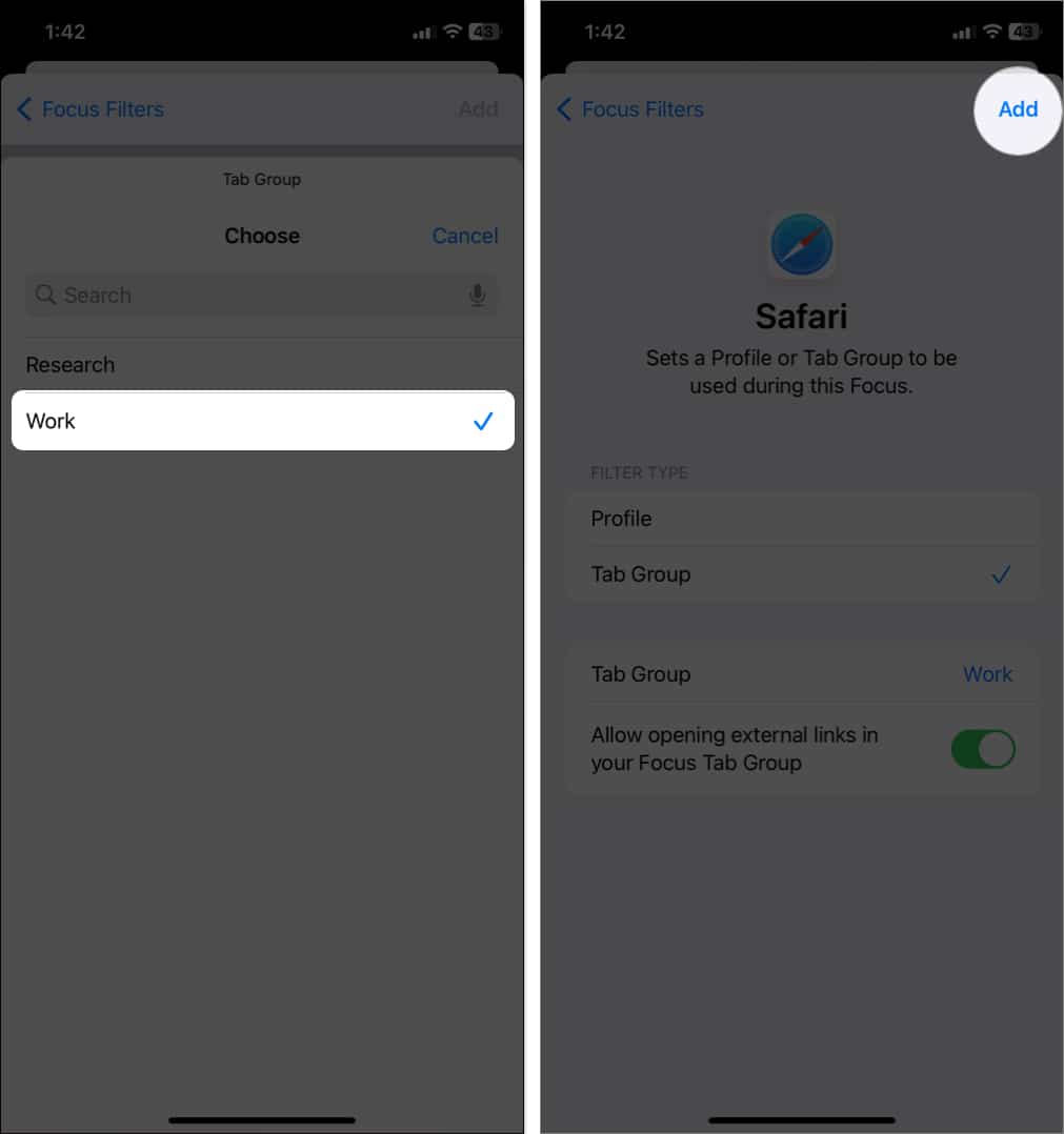 choose the tab group and tap add in Focus filter safari