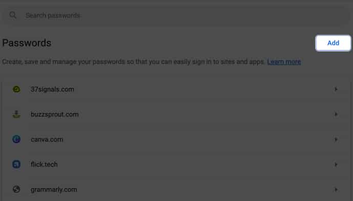 Click Add in Passwords