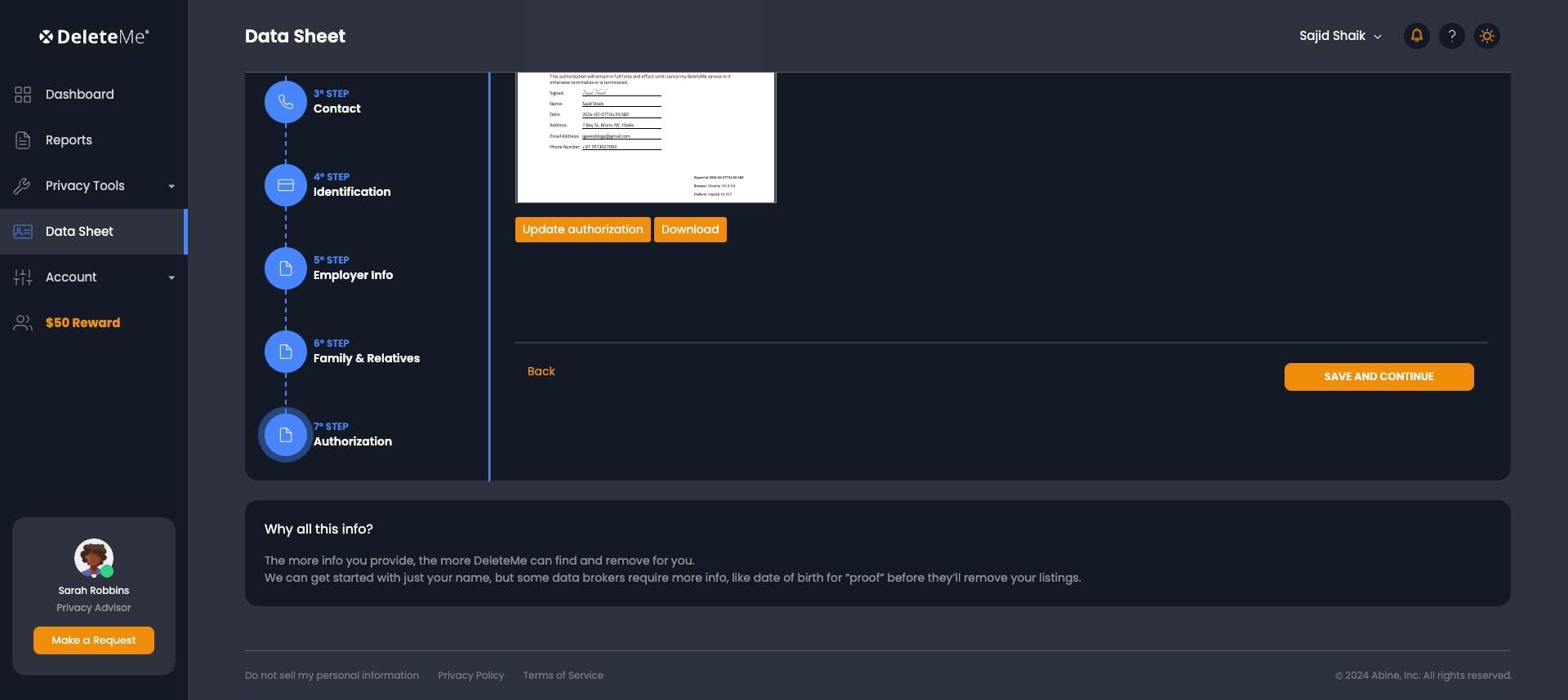 Click Save and Continue after filling the data sheet in DeleteMe