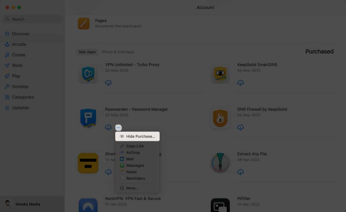 Click the three-dot icon, hide purchase in App Store