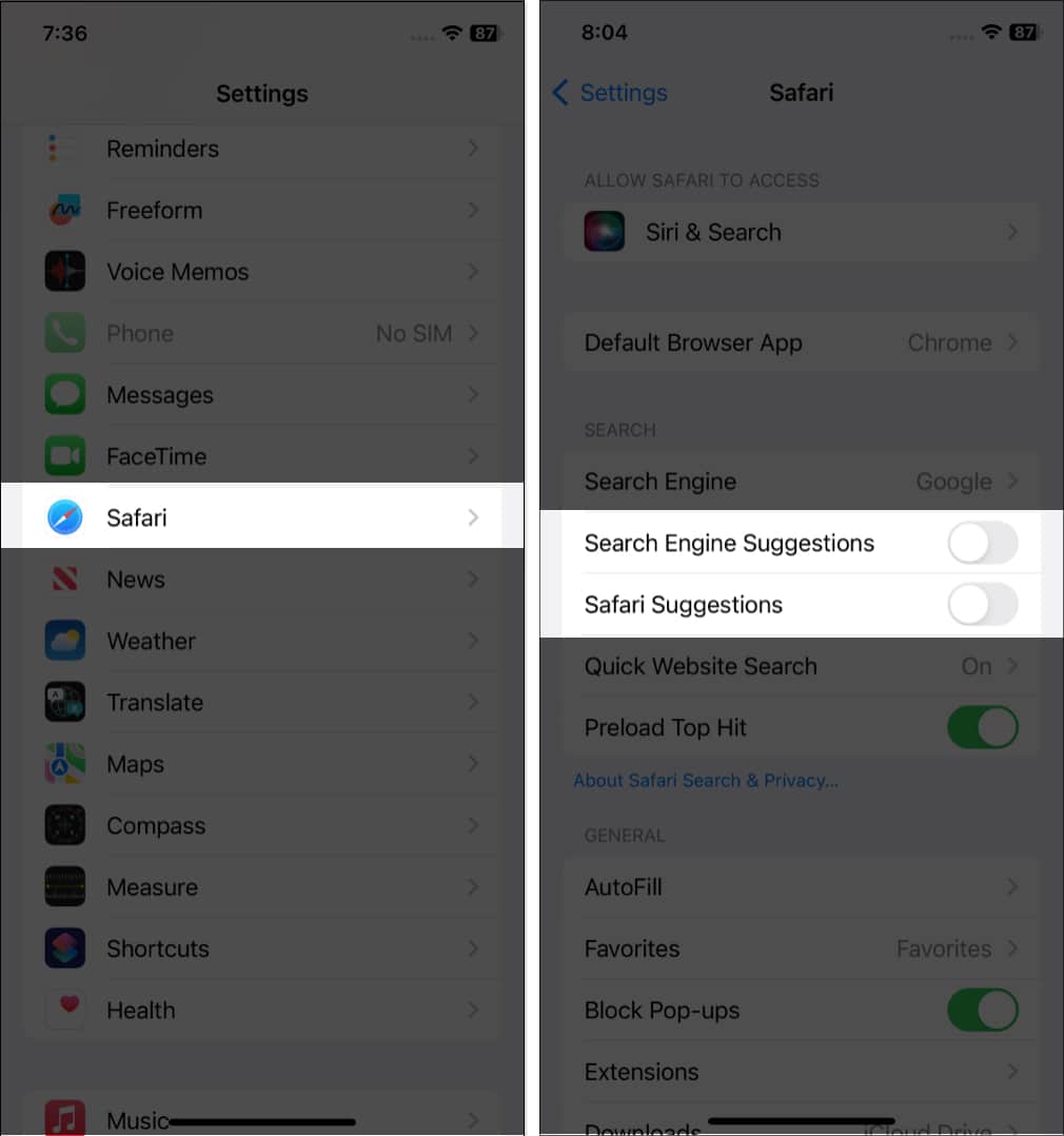 Disable Safari suggestions on iPhone