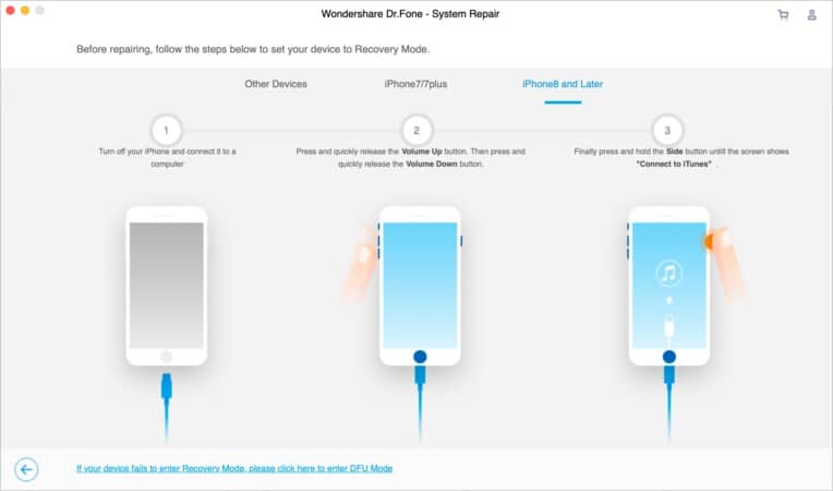 Dr. Fone System Repair showing instructions to put iPhone in Recovery Mode