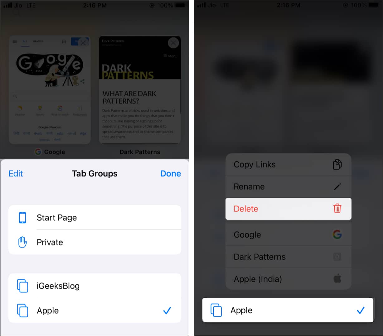 How to delete a tab group on iPhone