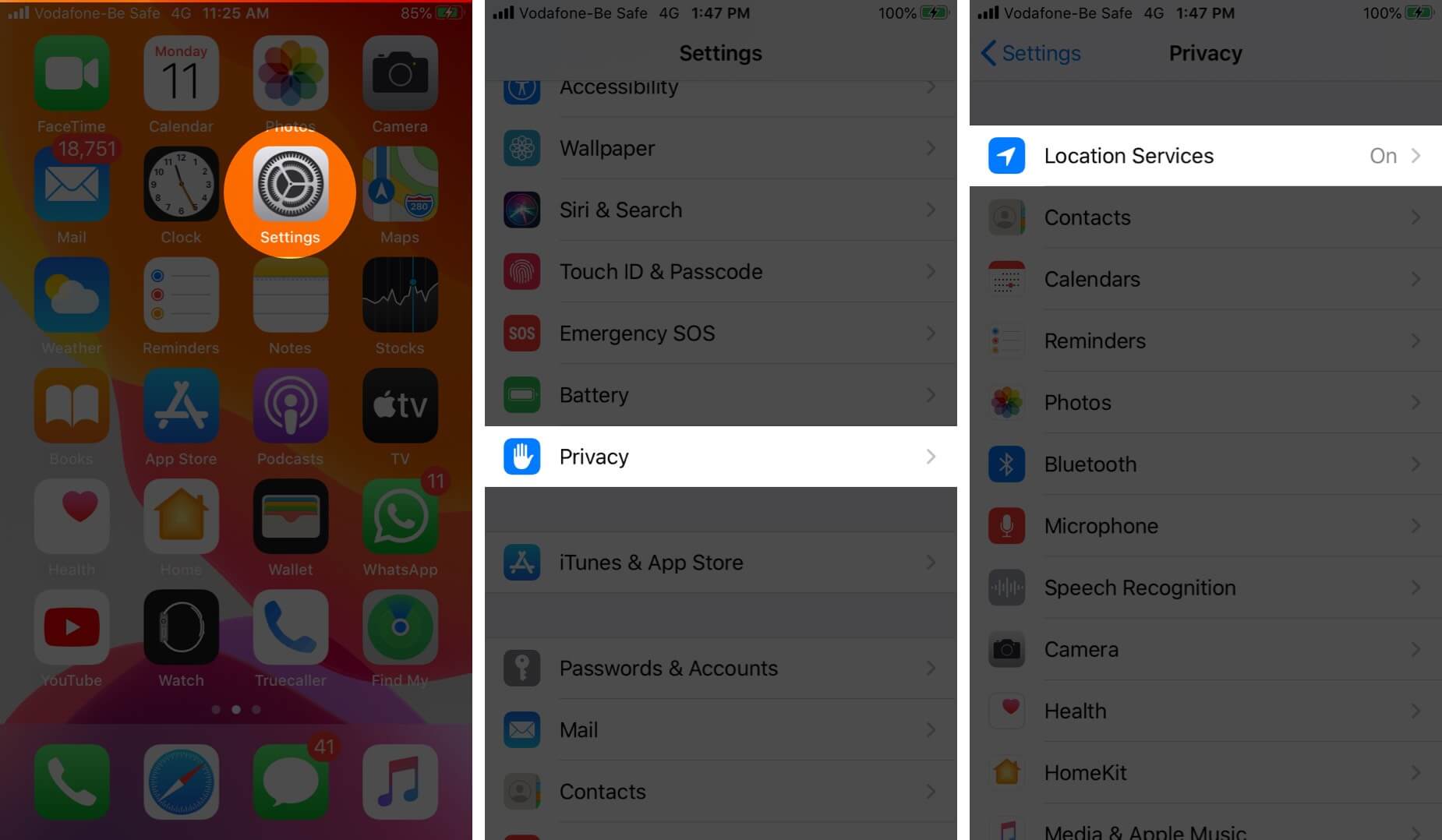 Open Settings and Tap on Privacy and Then Tap on Location Services on iPhone