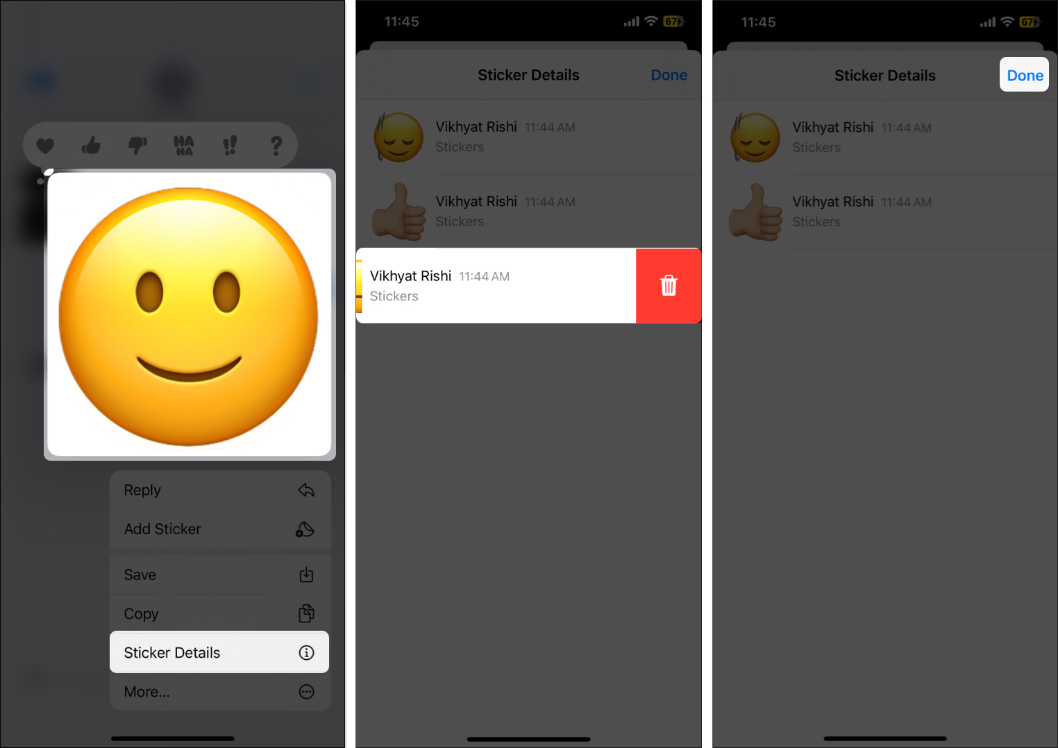 Press and hold the emoji, select Sticker Details, swipe left to delete the emoji and tap done