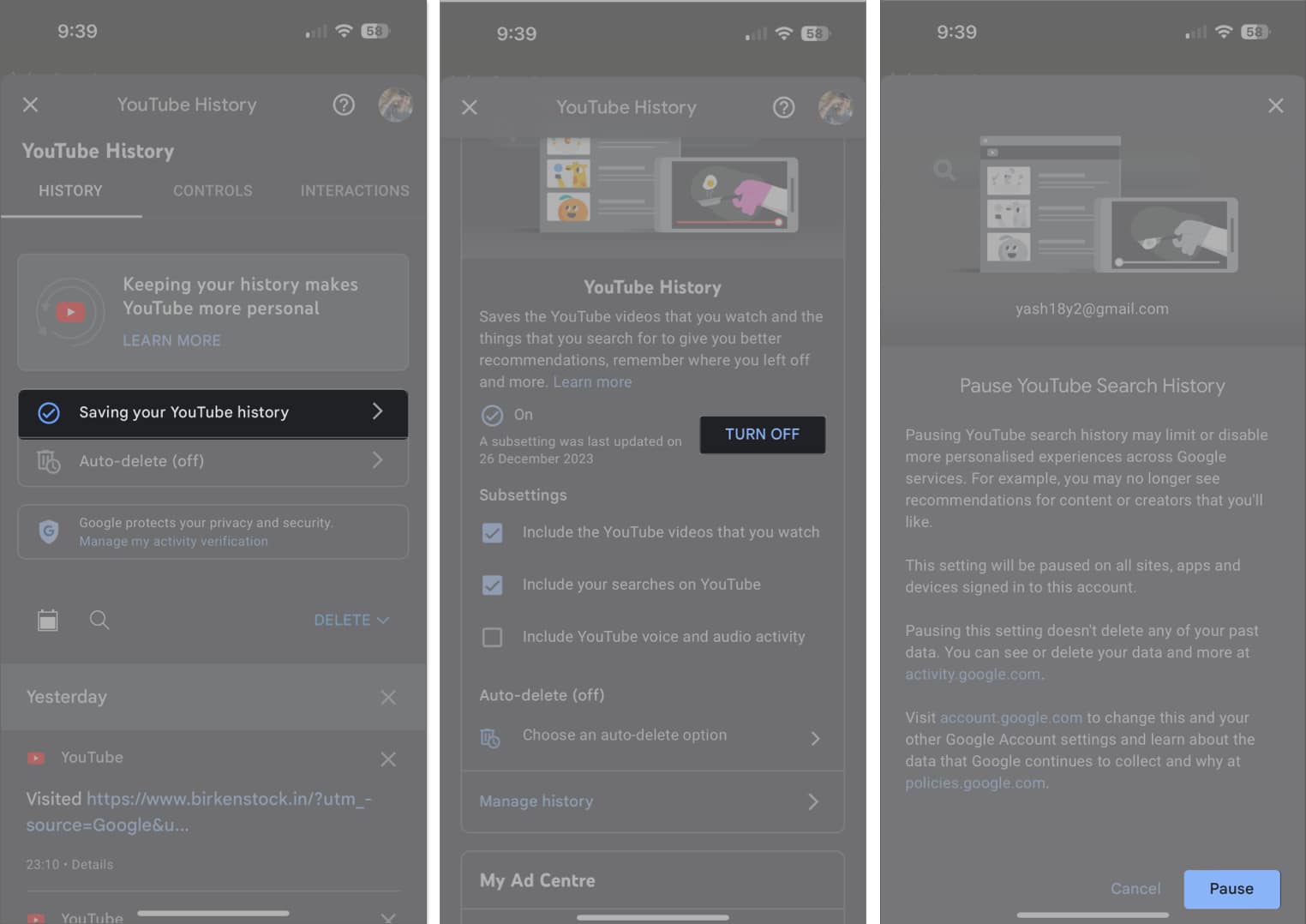 Saving your YouTube history, TURN OFF, Pause