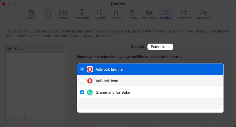 Select the extensions in safari settings