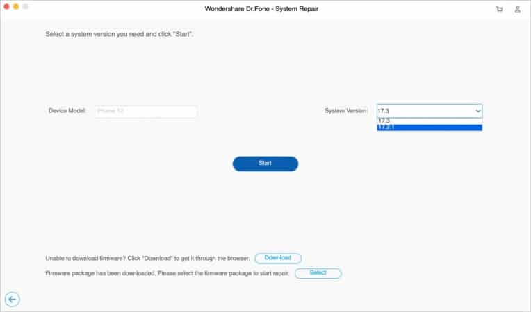 Selecting version in iOS System Repair by Dr. Fone