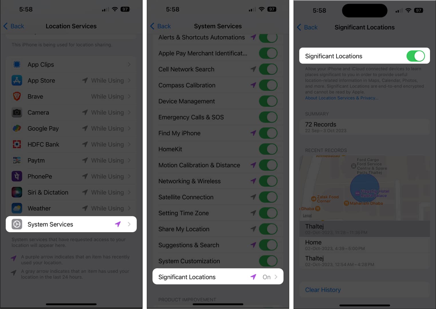 Tap System Services, Significant Locations, toggle on Significant locations