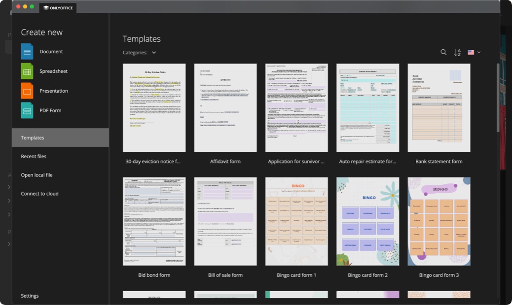 Templates tab in onlyoffice desktop editor