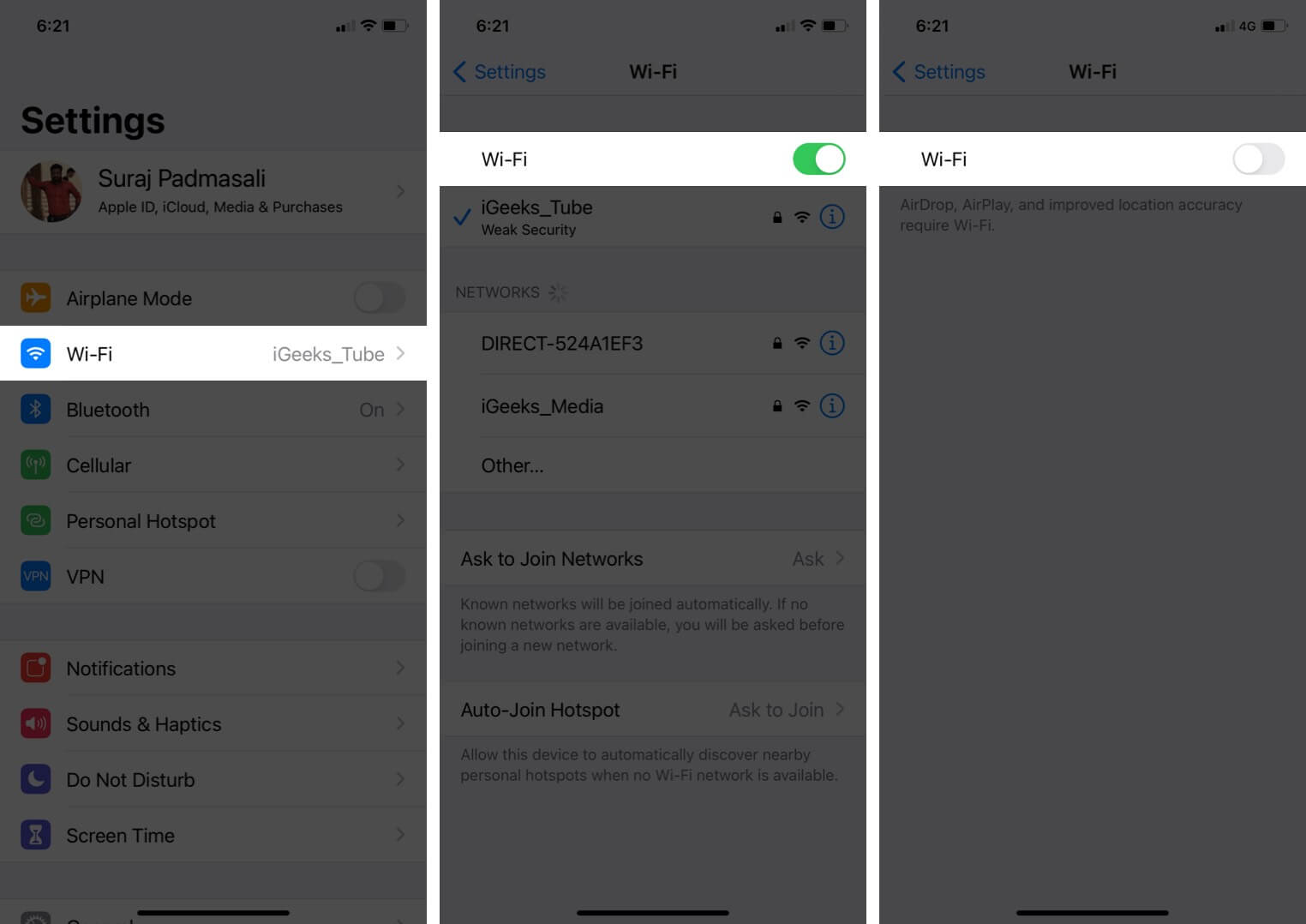 turn off wi-fi network on iphone