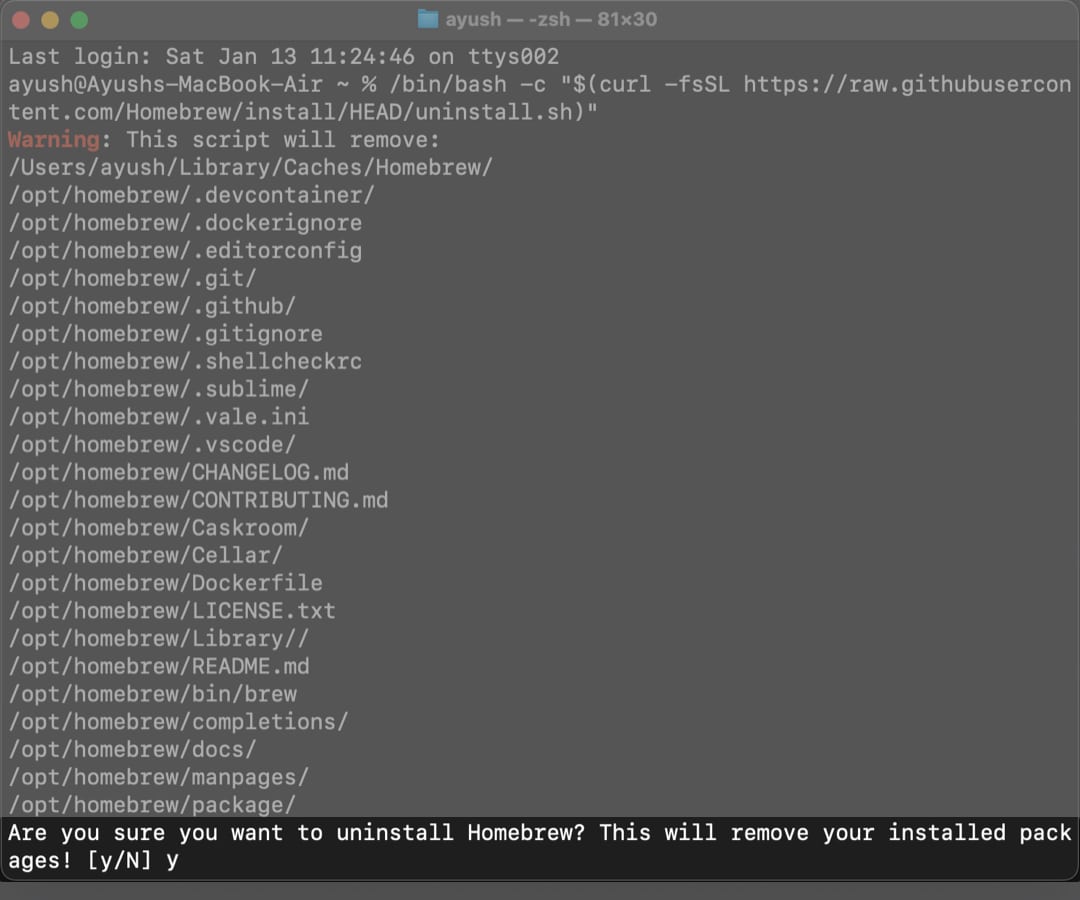 type y and press return to uninstall homebrew